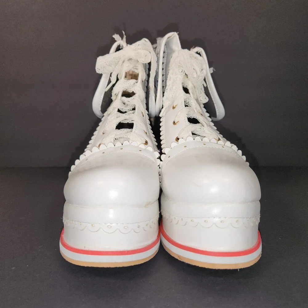 HILIB Platform Ankle Boots Womens White Black Lace Bow Kawaii Lolita Goth Shoes